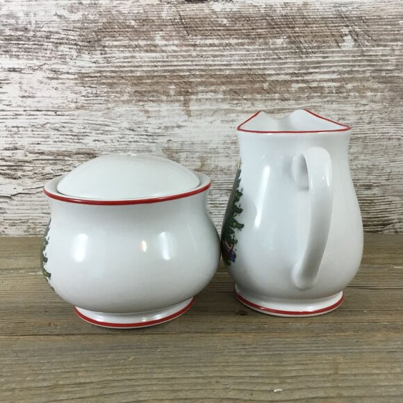 Cuthbertson American Christmas Tree Creamer & Sugar Bowl Set Porcelain Red Trim - Picture 2 of 10